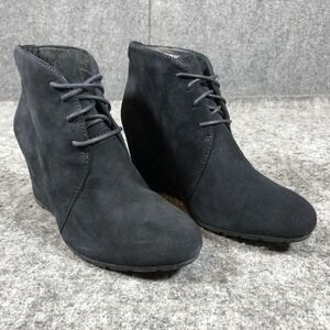 Clarks Womens Ankle Booties‎ 7.5 M Navy Blue Suede Leather Wedge Lace Up Comfort